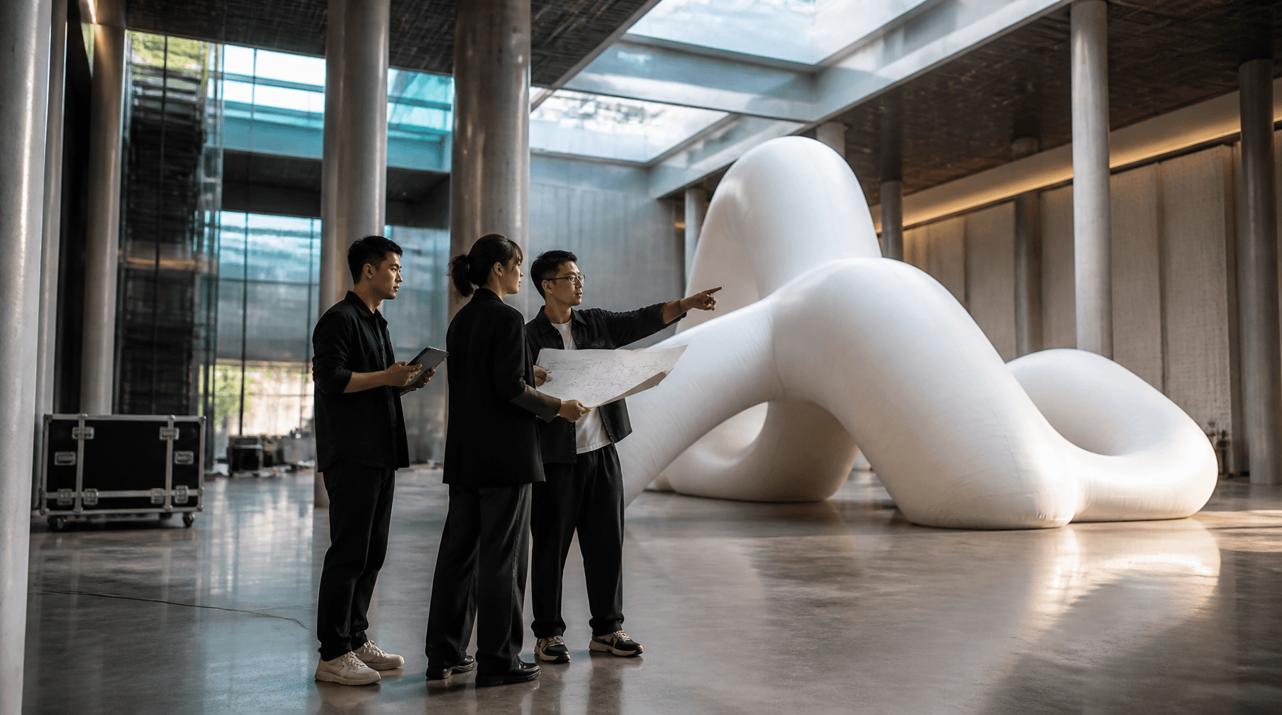 Event project team reviewing placement of a large-scale inflatable installation inside a contemporary venue.