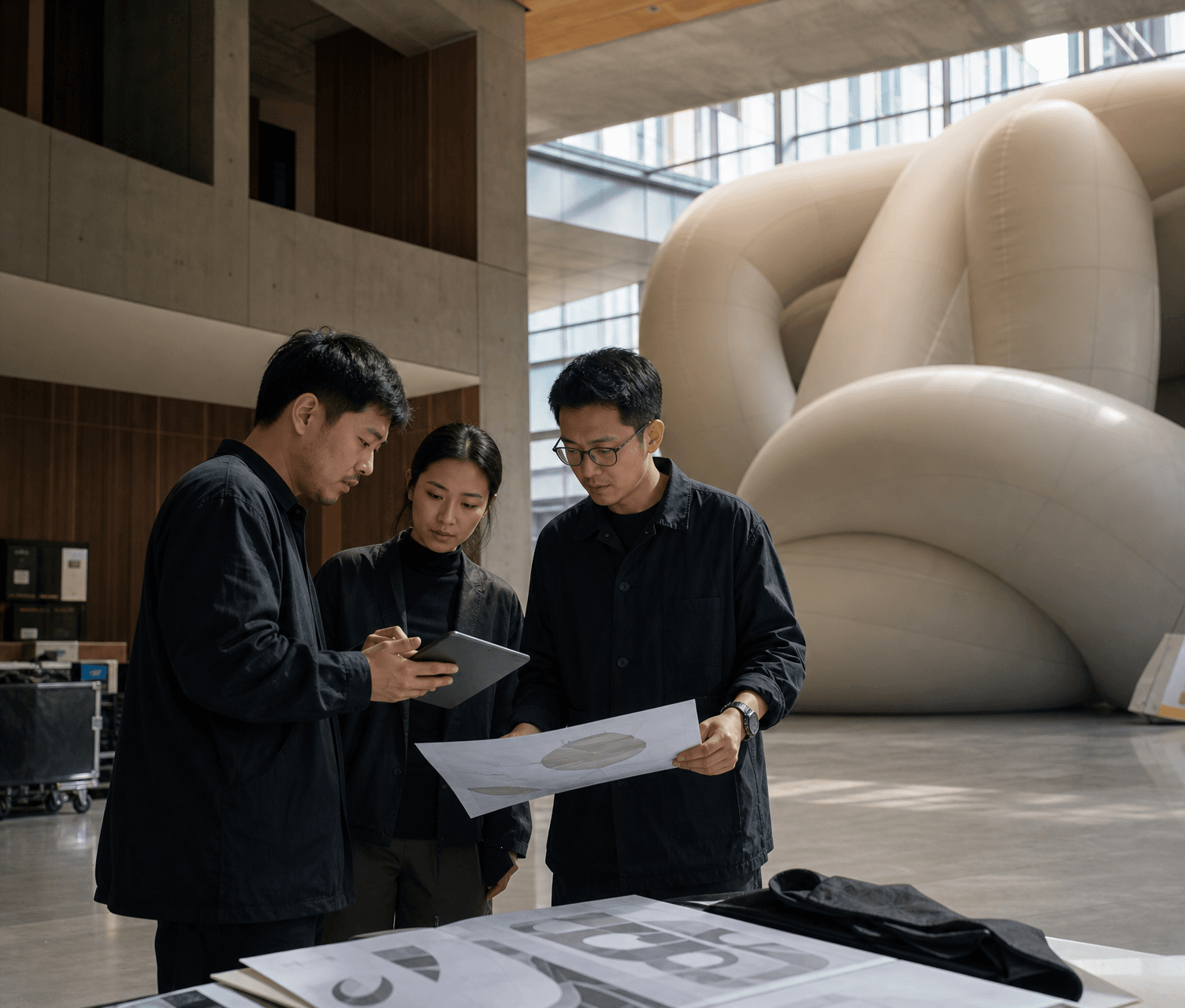 Creative agency team reviewing campaign visuals in front of a large-scale inflatable installation.