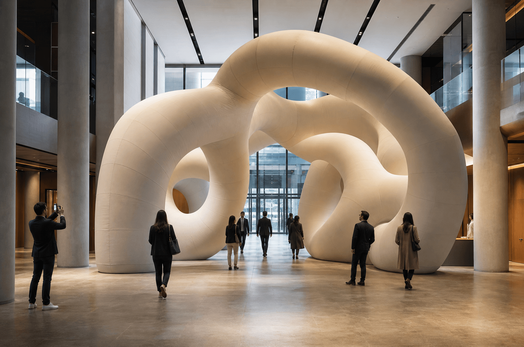 Visitors approaching a large-scale inflatable brand environment inside a contemporary event venue.