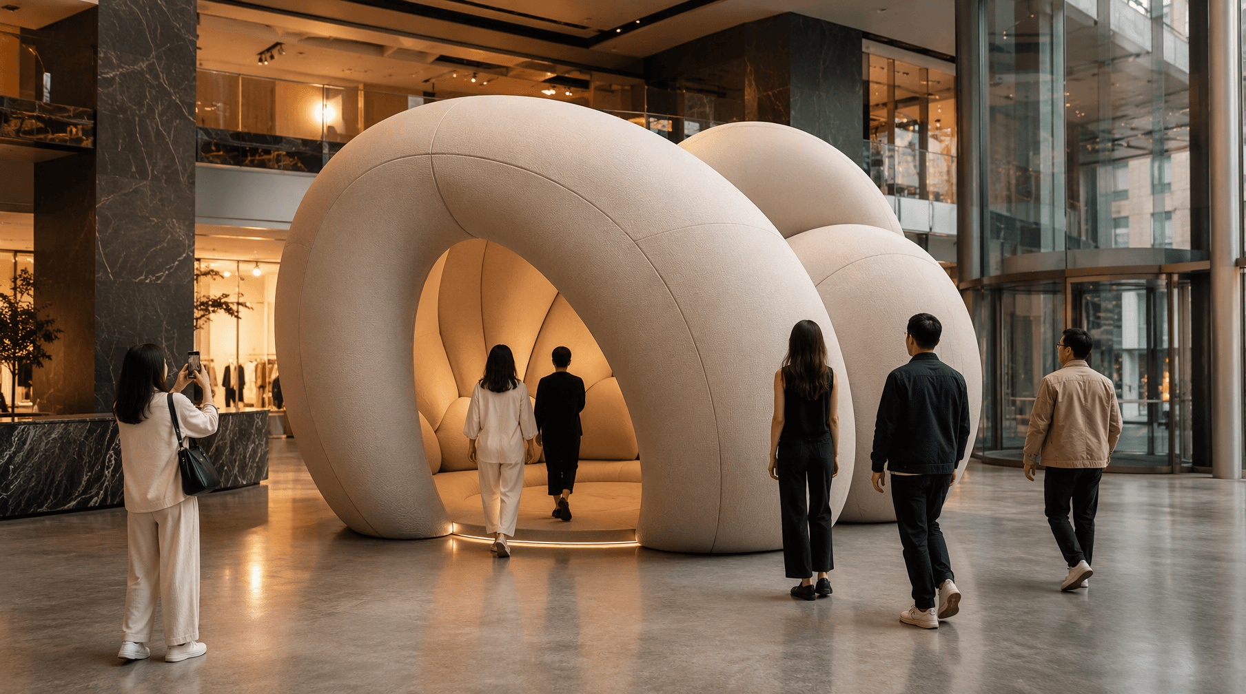 Visitors experiencing a large-scale inflatable brand activation inside a contemporary retail environment.