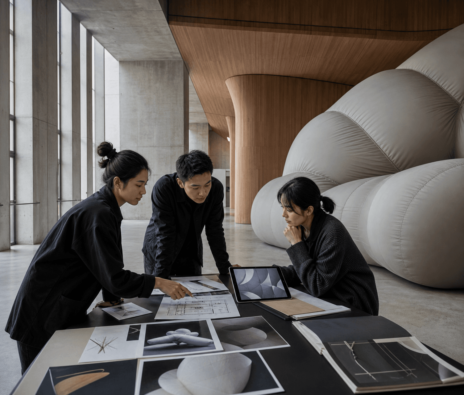Project team reviewing campaign references and venue plans for a large-scale inflatable installation.