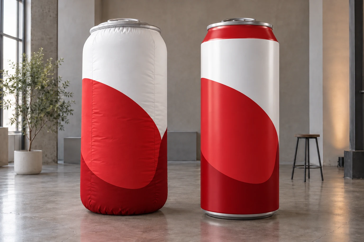 AI-generated concept comparison of a giant beverage can as an inflatable replica on the left and a rigid scenic prop on the right.