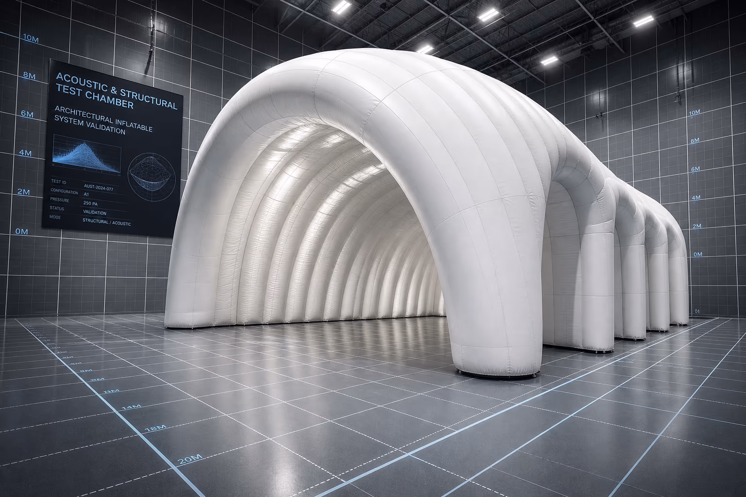 Acoustic and technical testing chamber for inflatable structural validation.