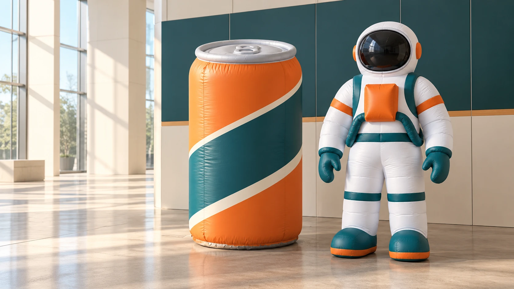 Concept display of an oversized orange inflatable can and astronaut mascot in an exhibition hall.