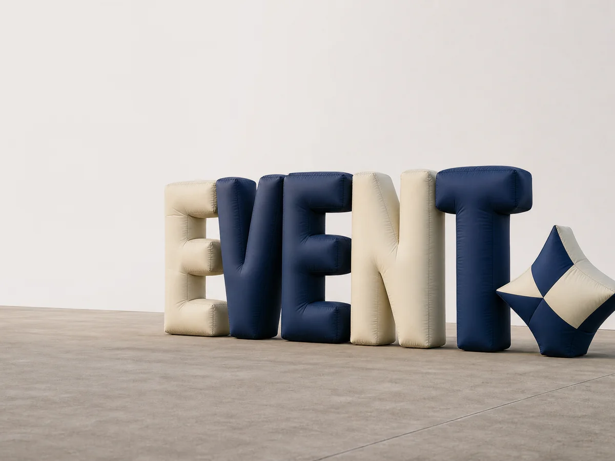 Concept inflatable EVENT letters and a neutral geometric symbol for an exhibition entrance.