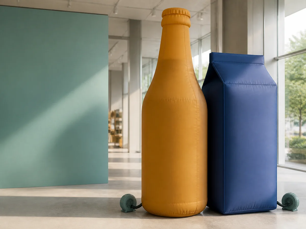 Illustrative inflatable beverage bottle and carton replicas in a retail launch setting.