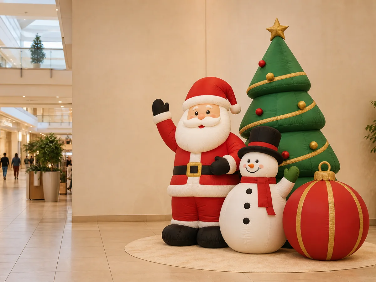 Santa, snowman and Christmas tree inflatable display in a retail atrium.