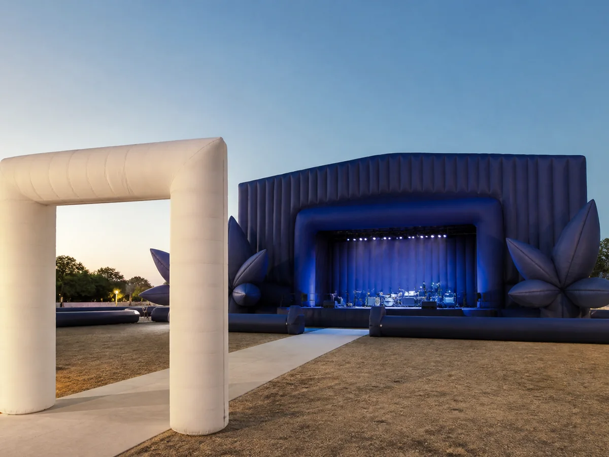 Inflatable stage backdrop, portal and scenic forms at a live event.