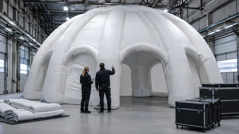 Inflatable installation being checked inside a production-ready fabrication environment.