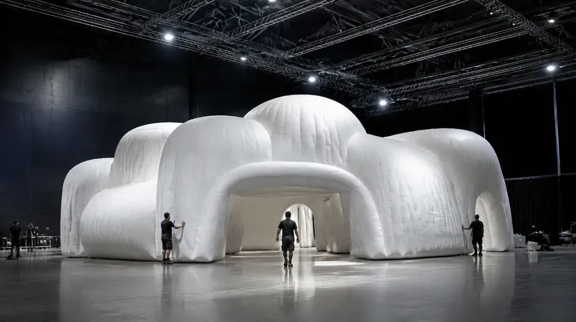 Indoor inflatable activation staged inside a modern event hall.