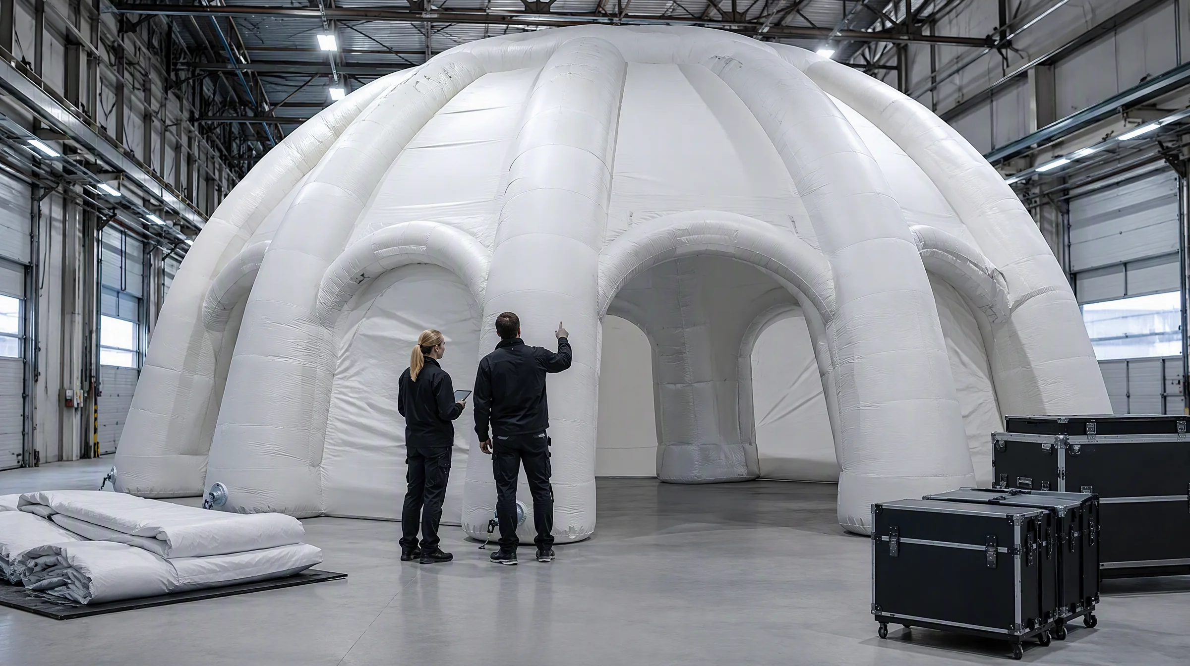 Inflatable installation being checked inside a production-ready fabrication environment.