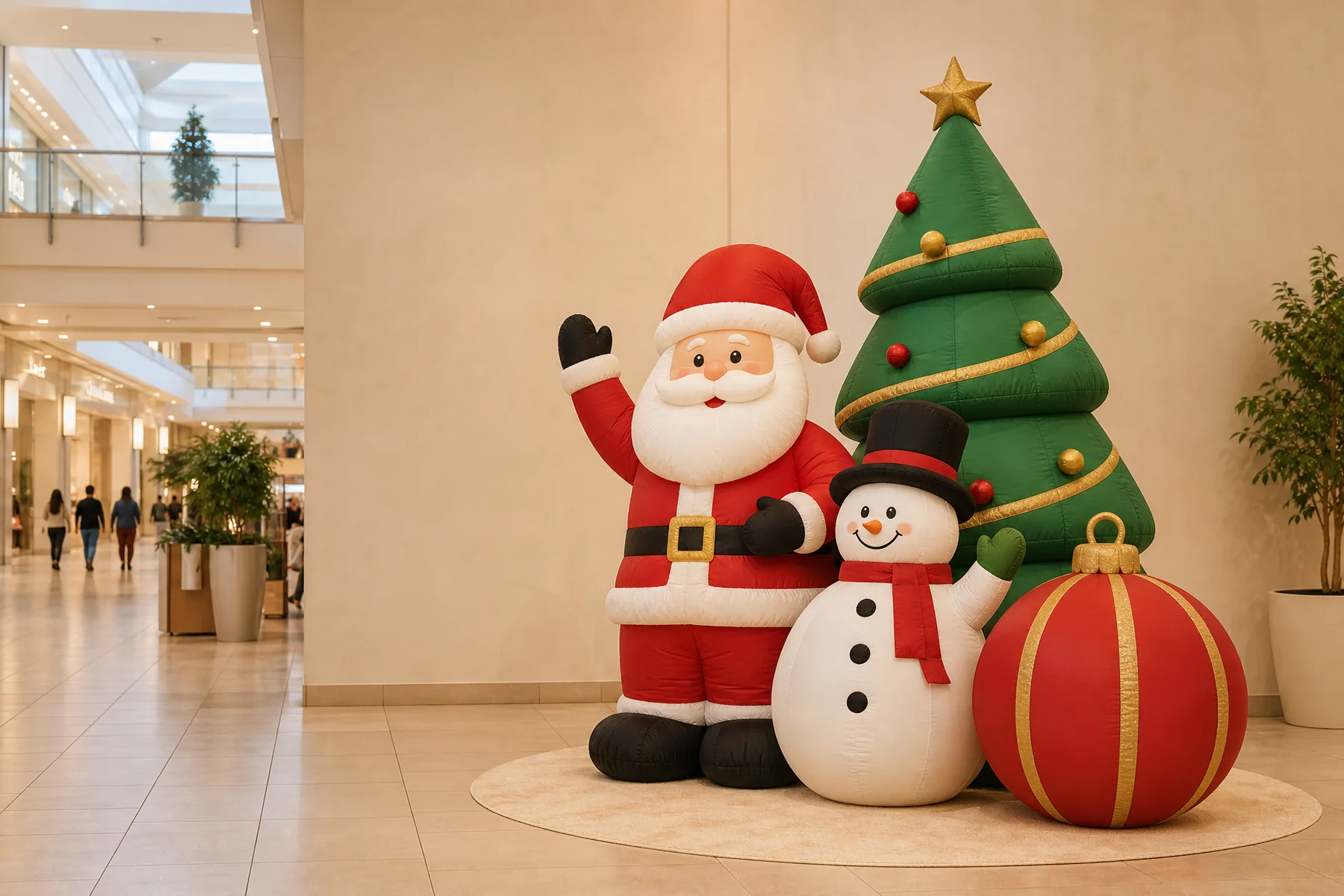 Santa snowman tree and ornament inflatable display in a retail atrium