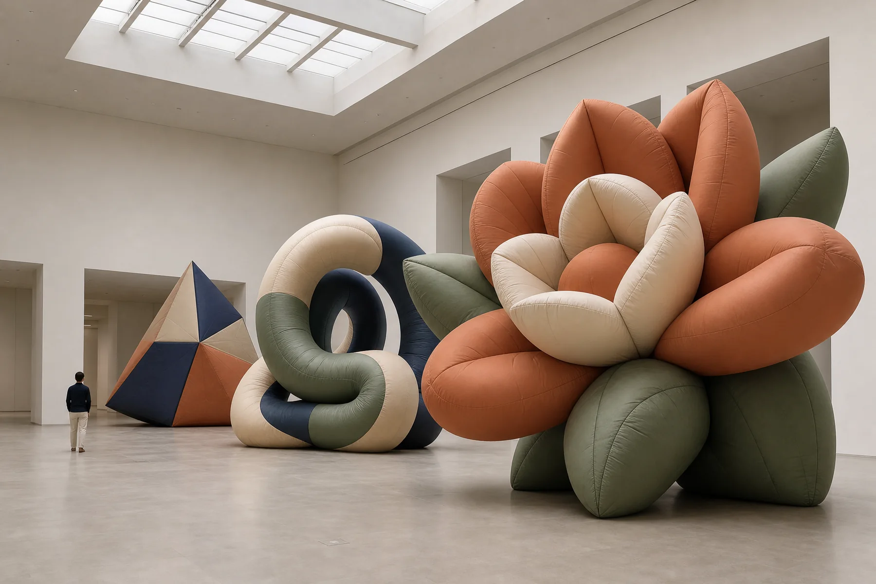 Flower organic loop and geometric inflatable sculptures in a gallery atrium