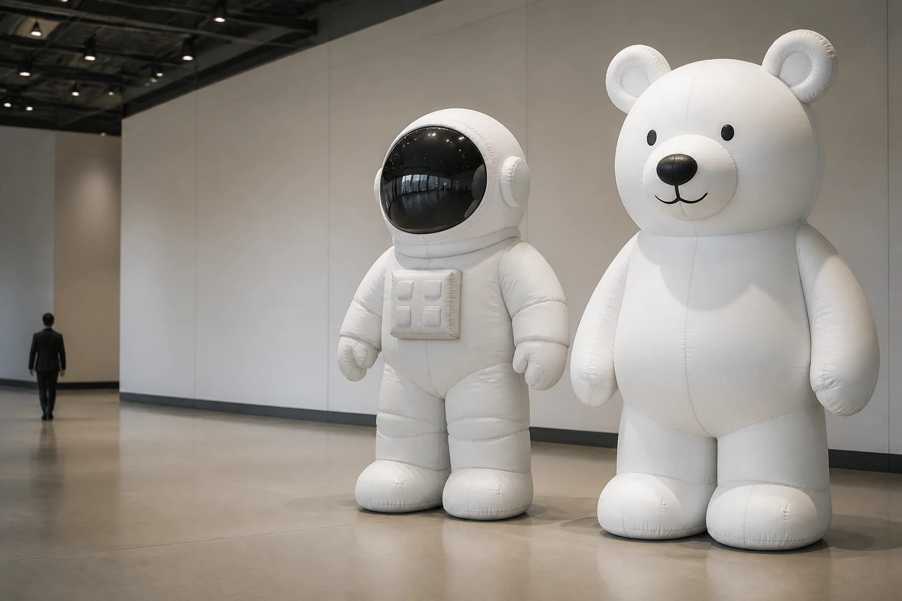 Original astronaut and bear inflatable mascots in an exhibition foyer