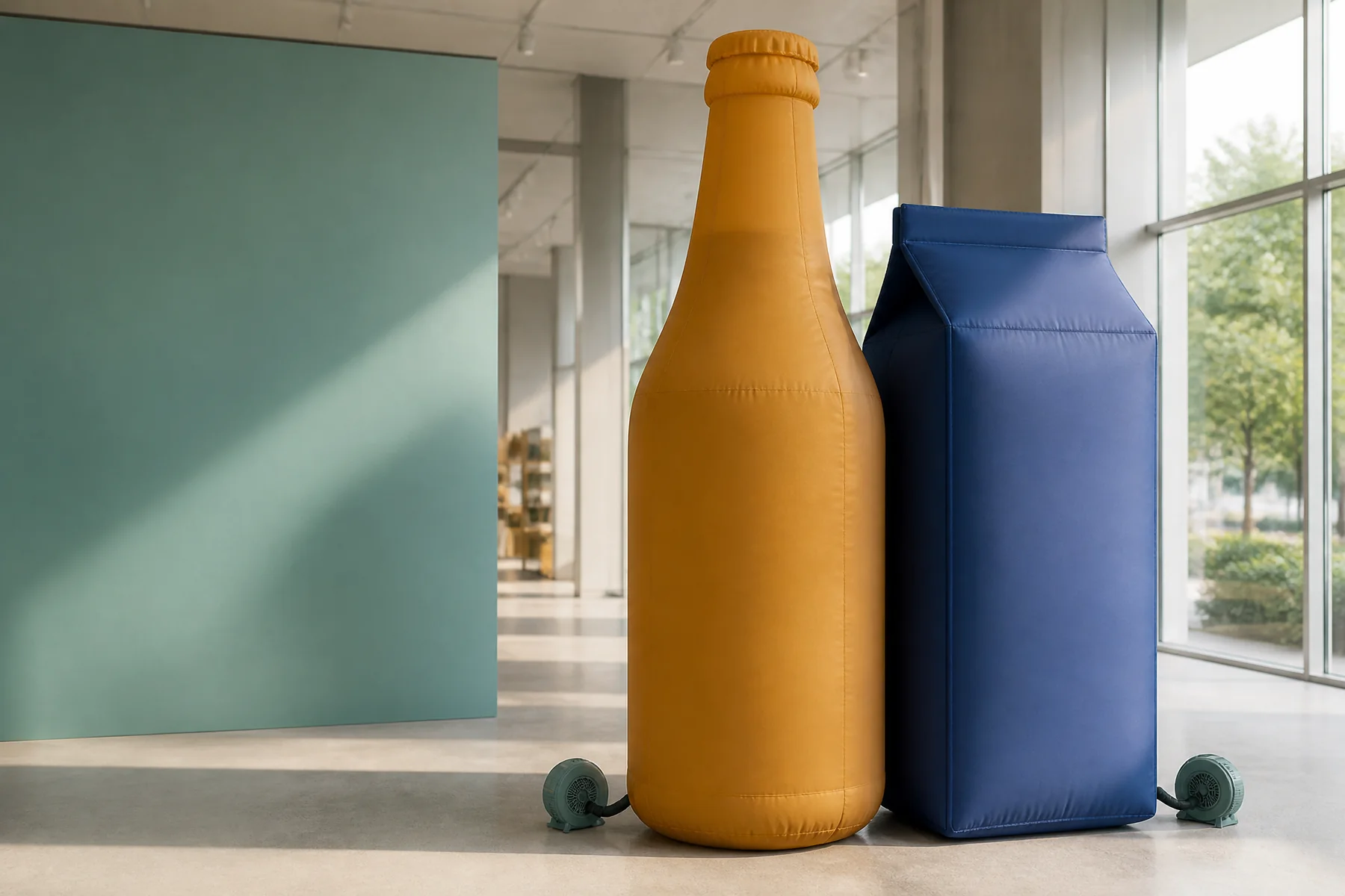Unbranded inflatable beverage bottle and carton replicas in a retail launch setting
