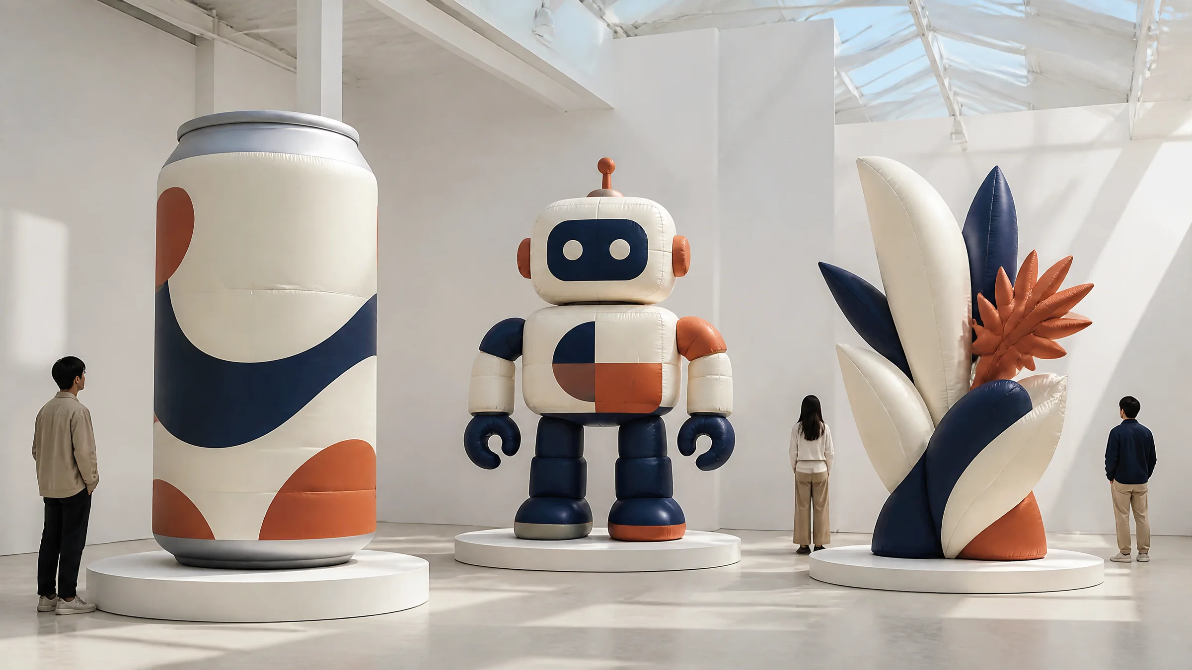 Three separated inflatable concept forms: beverage can, geometric robot and botanical sculpture in an exhibition hall