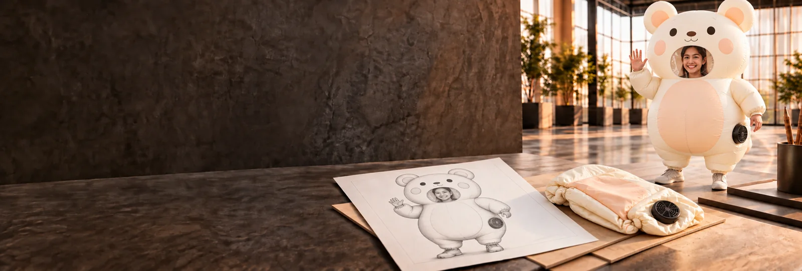 Concept study of a cream bear wearable inflatable costume, with a design sketch and fabric sample.