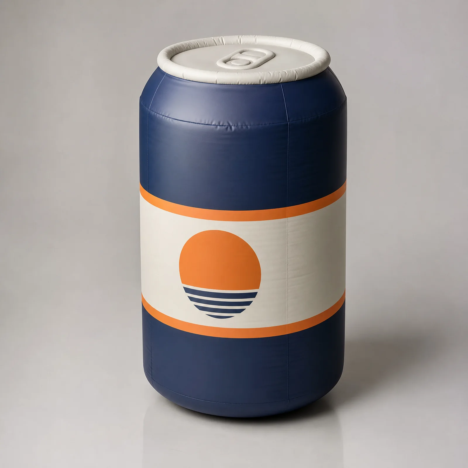 Inflatable beverage can replica with navy, ivory and orange text-free bands and abstract symbol