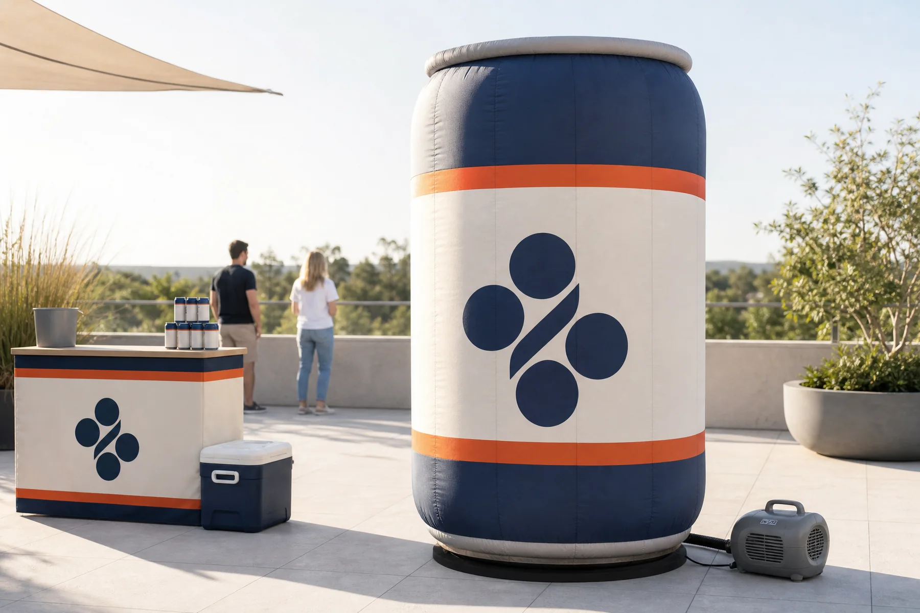 The same inflatable beverage can at an organised outdoor beverage activation with sampling counter