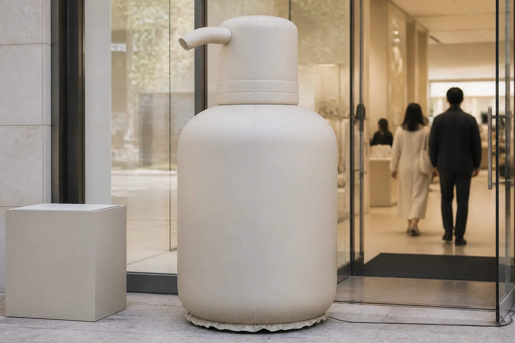 Rounded inflatable container with a projecting pump head
