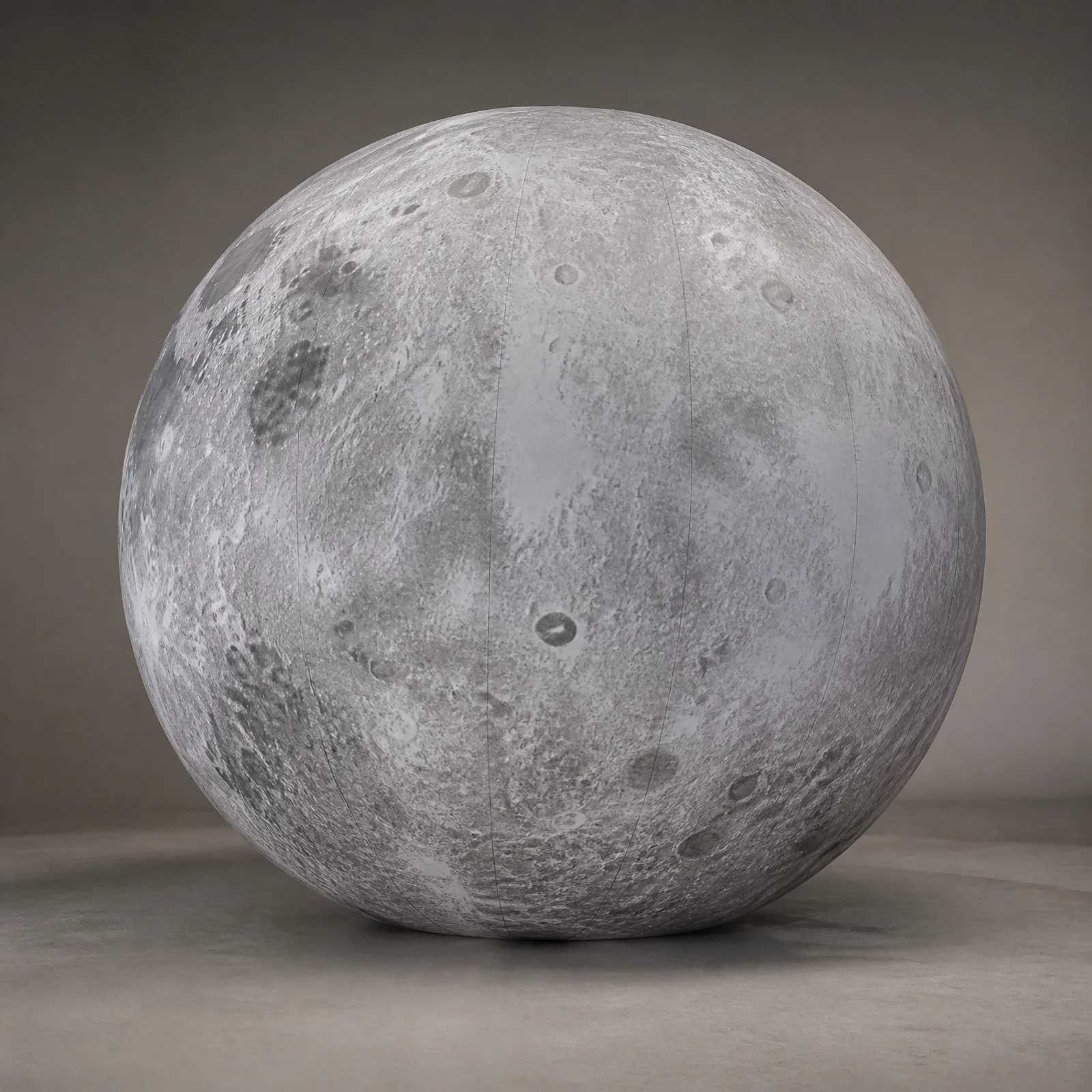 Printed grayscale lunar inflatable sphere with graphic crater texture and visible textile seams