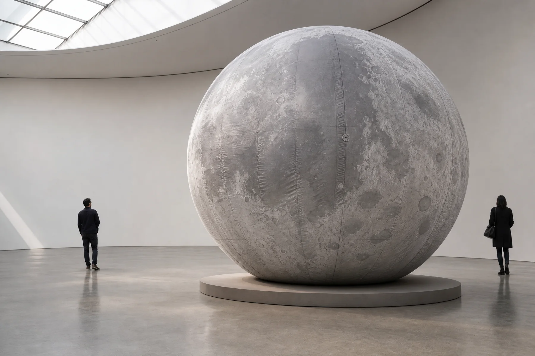 The same printed lunar inflatable sphere on a neutral gallery plinth with distant visitors