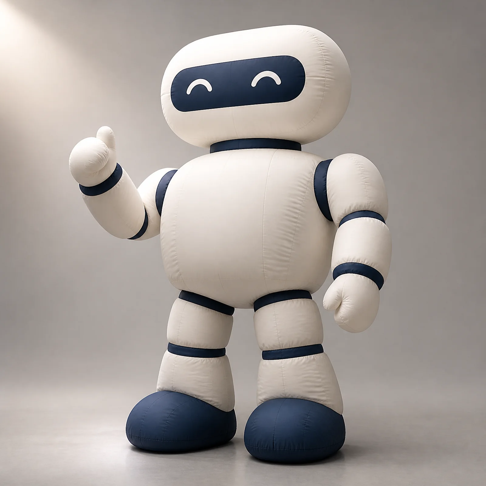 Original warm-white inflatable robot with dark face panel and navy joint bands in neutral studio
