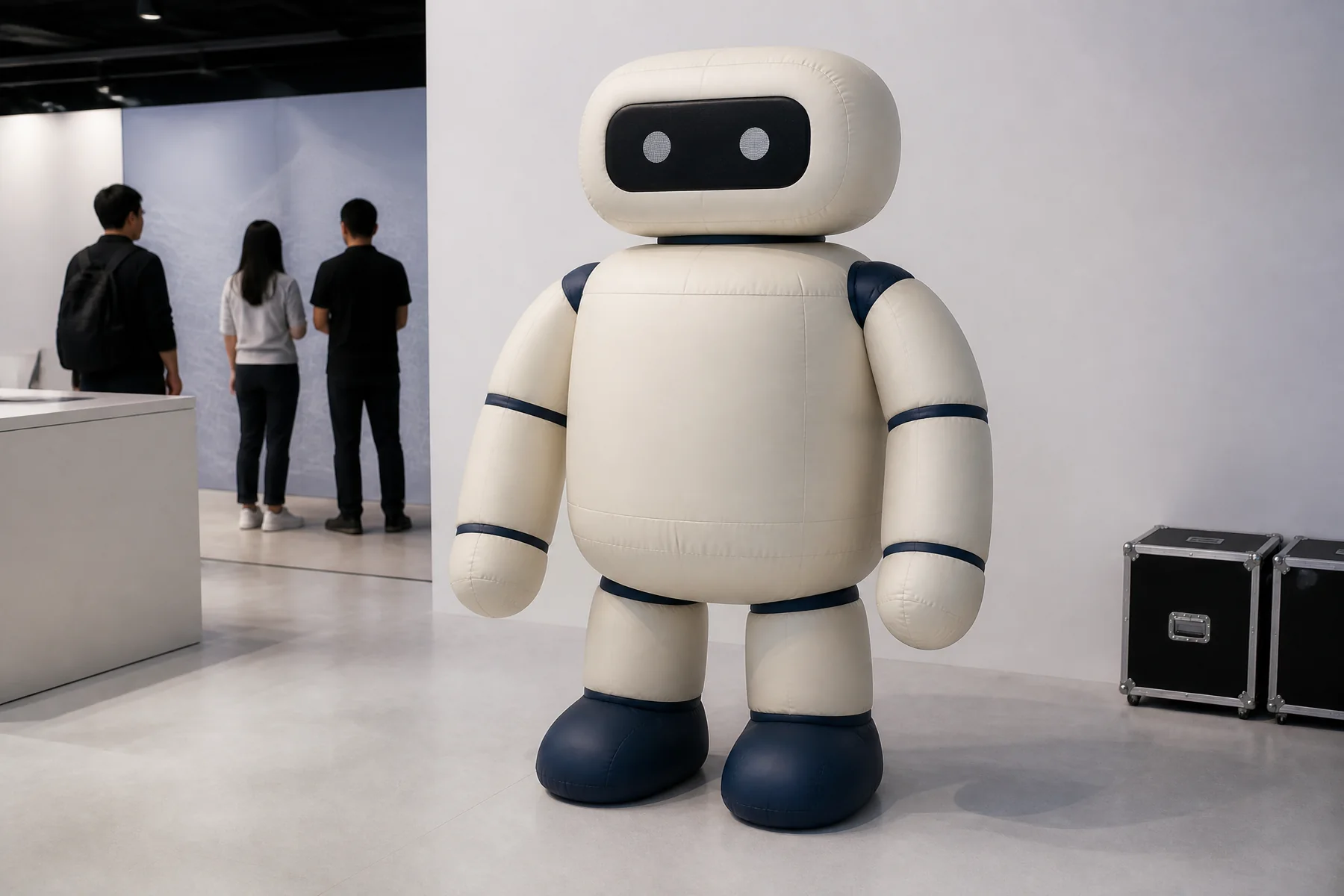 The same plain-torso inflatable robot at a technology exhibition stand with distant visitors