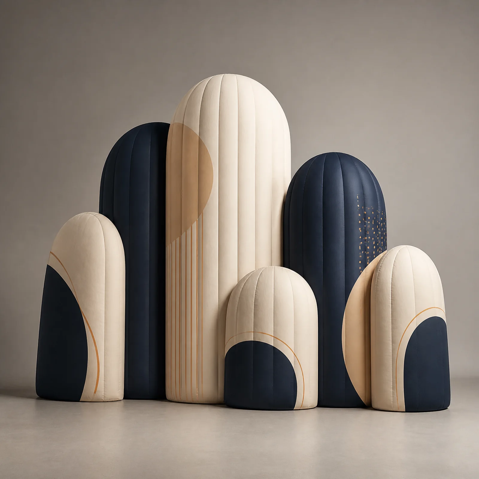 Rounded ivory and navy inflatable scenic volumes arranged with varied height rhythm