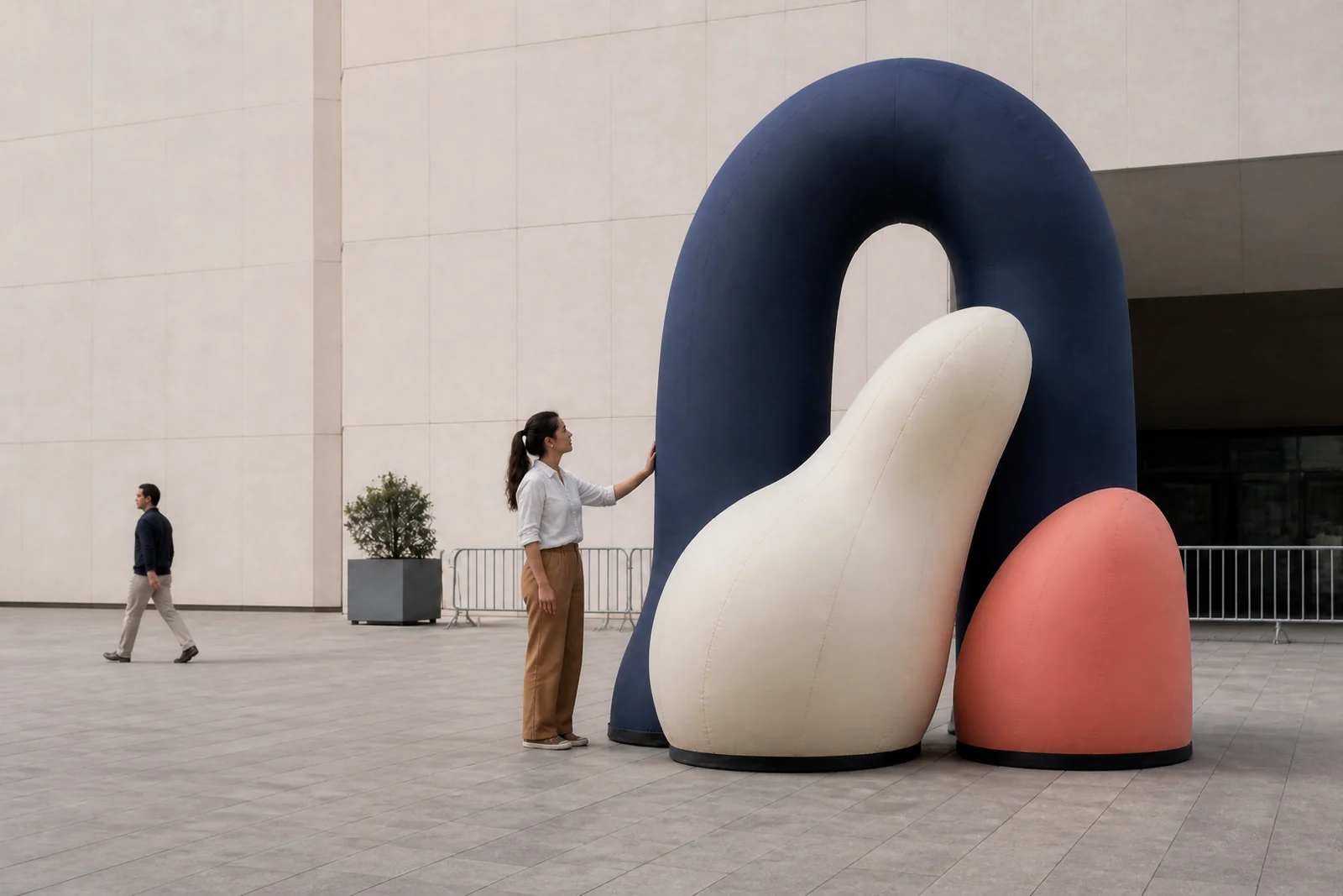 Person photographing an abstract navy, cream, and coral inflatable sculpture in a commercial plaza.