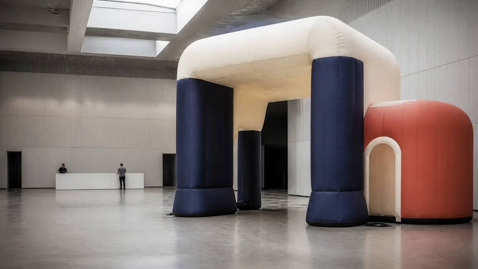 Large inflatable entrance installation inside a professional event venue.
