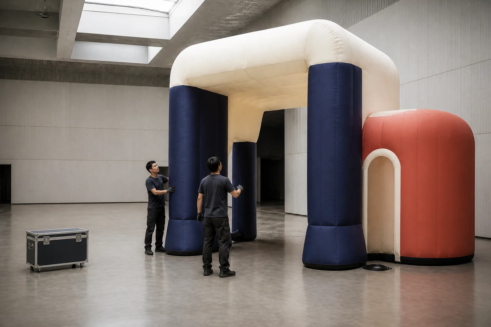 Event team reviewing a navy, cream, and coral inflatable entrance installation inside a venue.