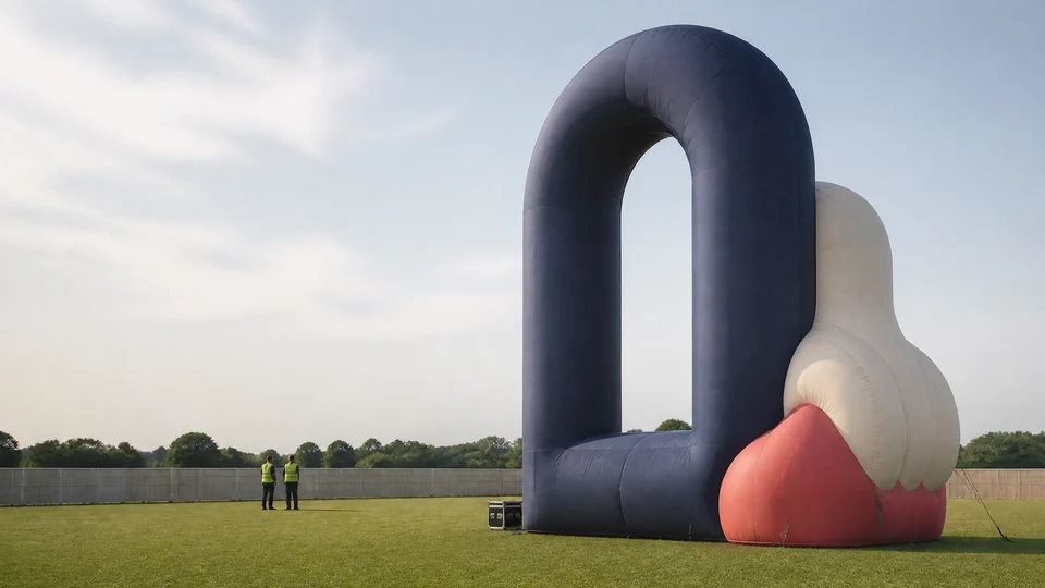 Large inflatable landmark installation at an outdoor festival.