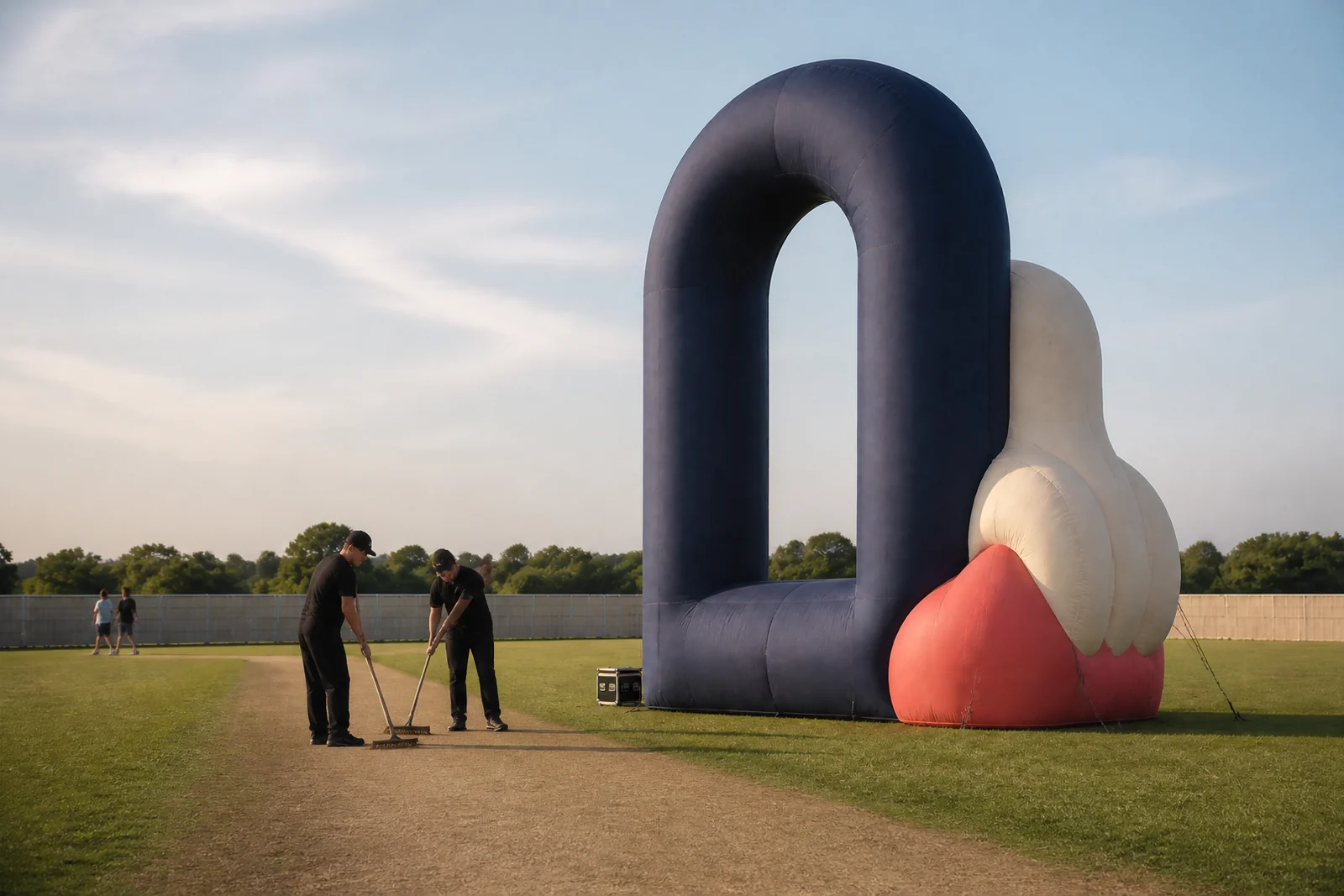 Outdoor event team measuring an abstract inflatable festival landmark on grass.