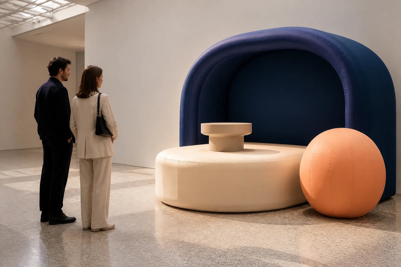 Visitors reviewing an unbranded navy, cream, and coral inflatable product display.