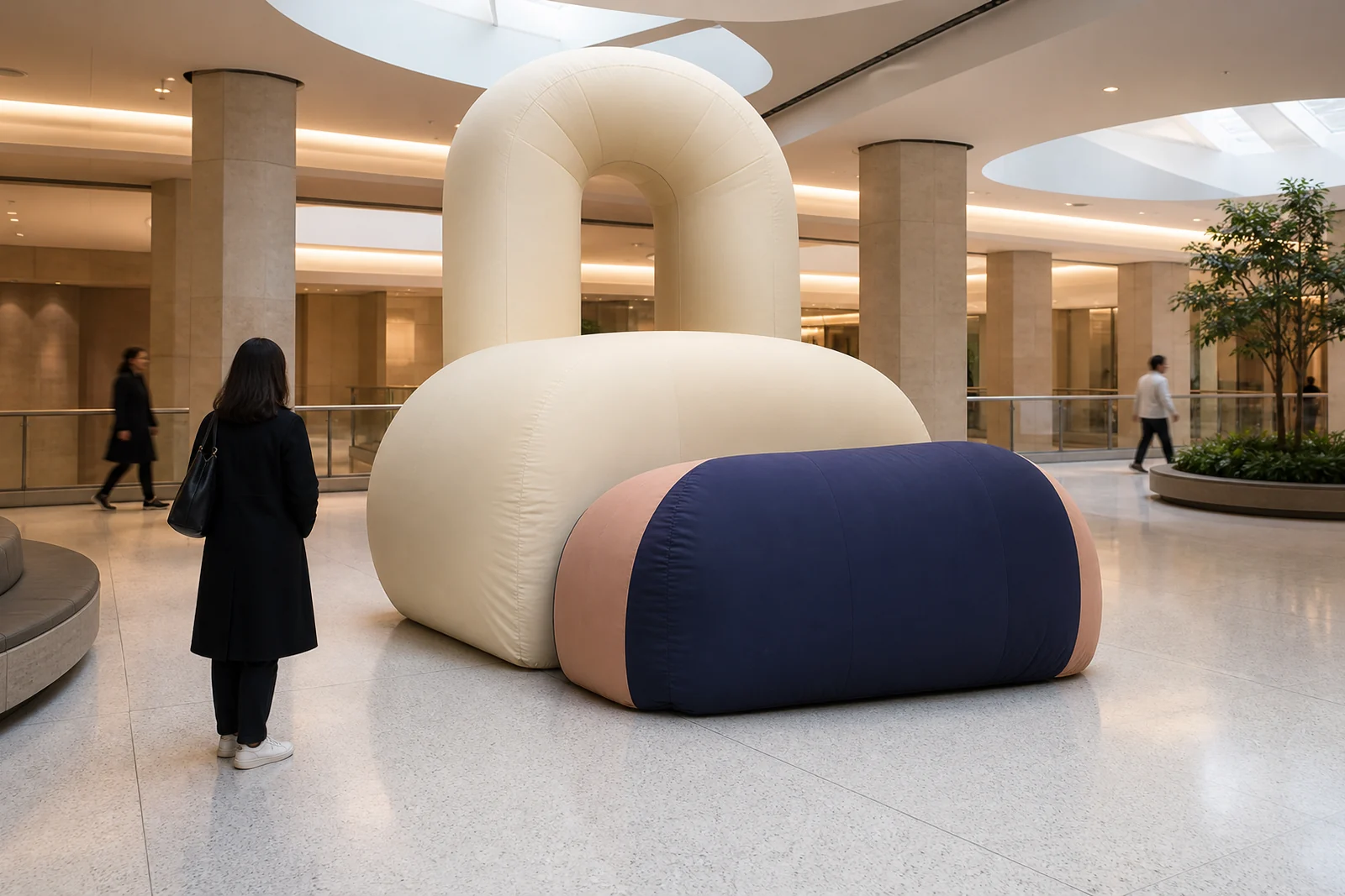 Shopper approaching a cream and navy inflatable retail installation in a contemporary mall.