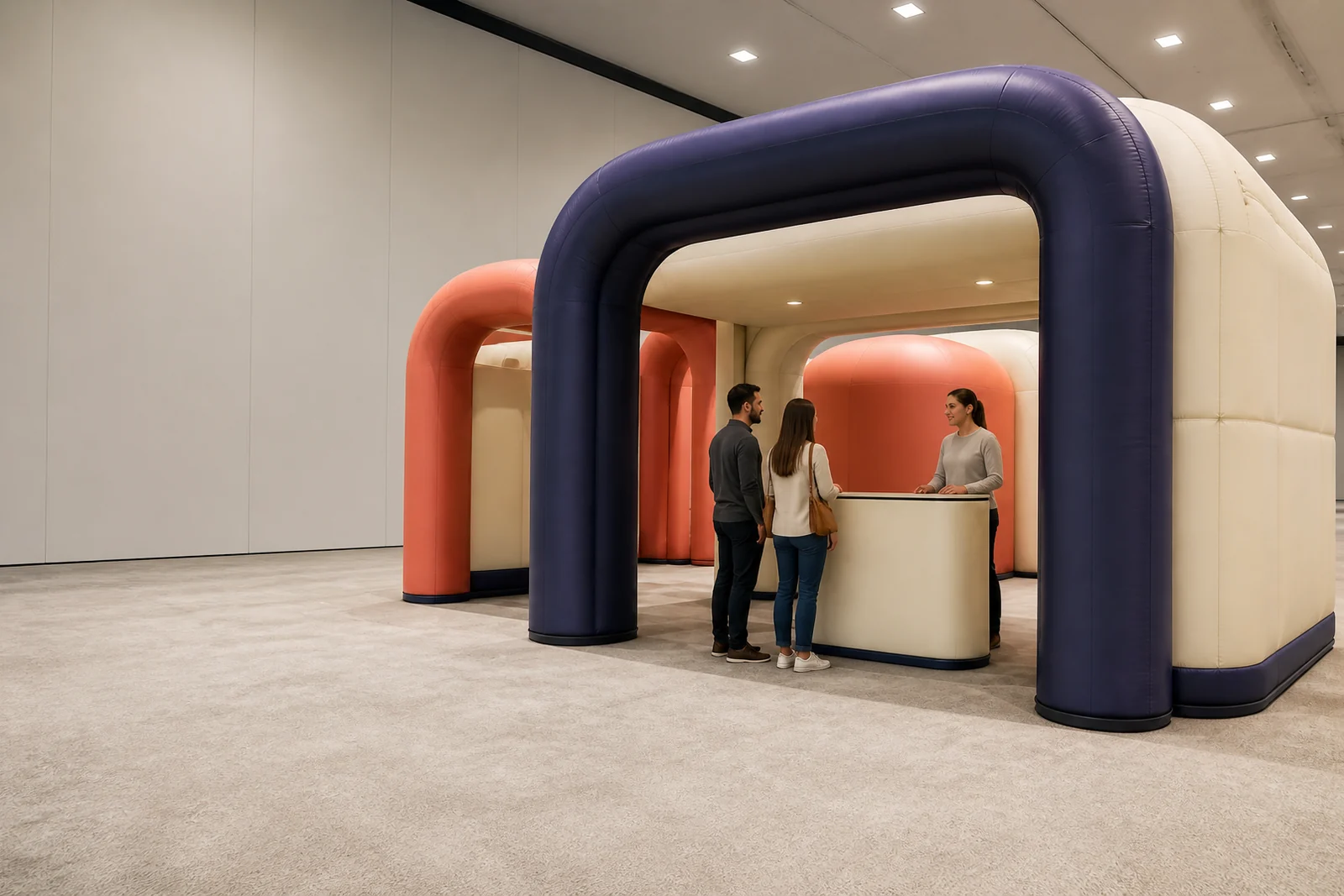 Visitors approaching an unbranded navy, cream, and coral fan-engagement entrance.