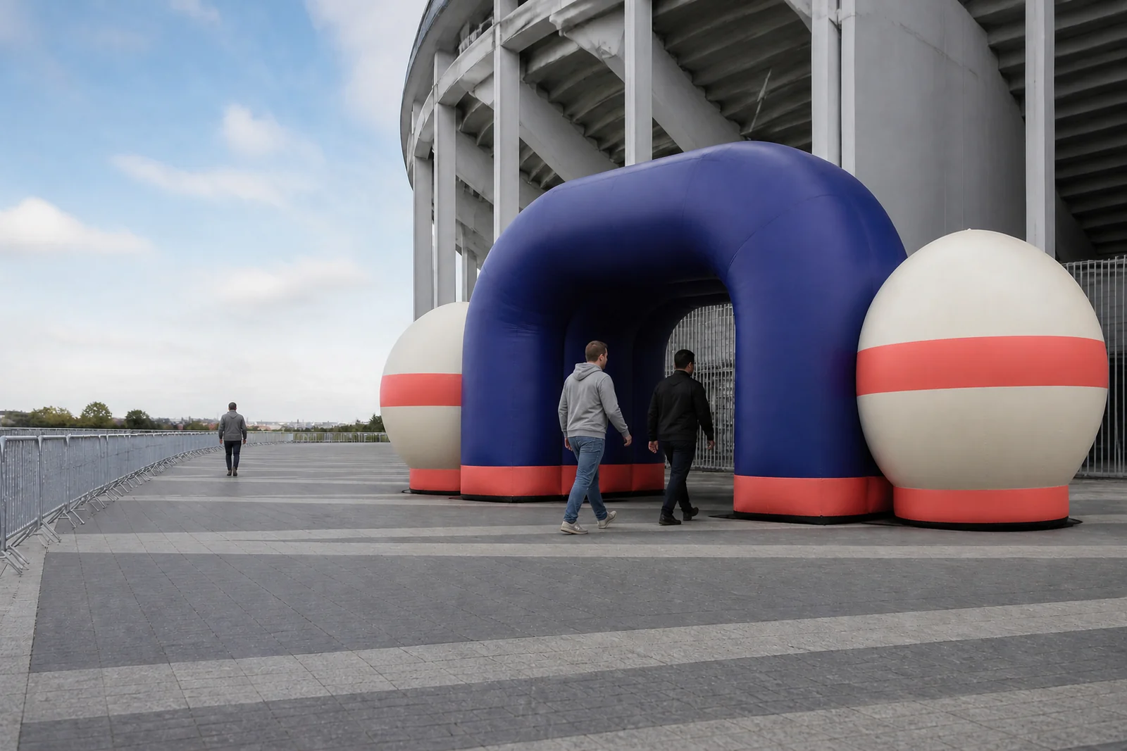 Visitors entering an unbranded inflatable expo booth in a convention hall.